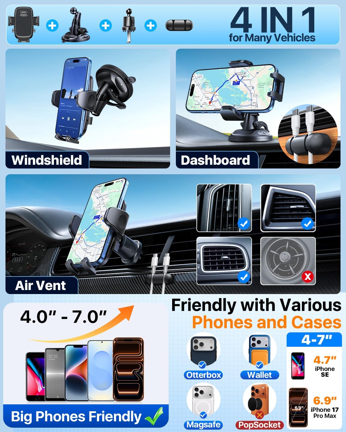 HTU 2026 Latest Upgrade Military-Grade Anti-Shake 90+LBS Car Phone Holder