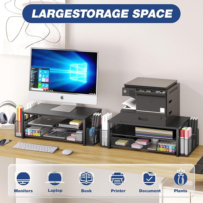 OPNICE Desk Organizer and Accessories, Dual Computer Monitor Stand Riser