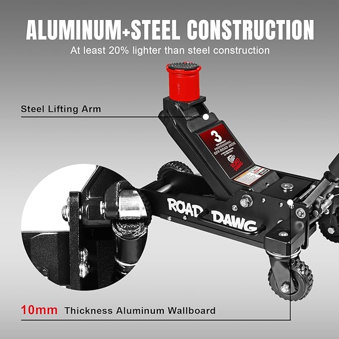 ROAD DAWG 3 Ton Big Wheel Off-Road Jack, Professional Aluminum and Steel Racing Floor Jack with Dual Pistons Quick Lift Pump, Lift for Trucks, SUVs, ATVs Off road Vehicles,6000lb Capacity, AT830006XDL
