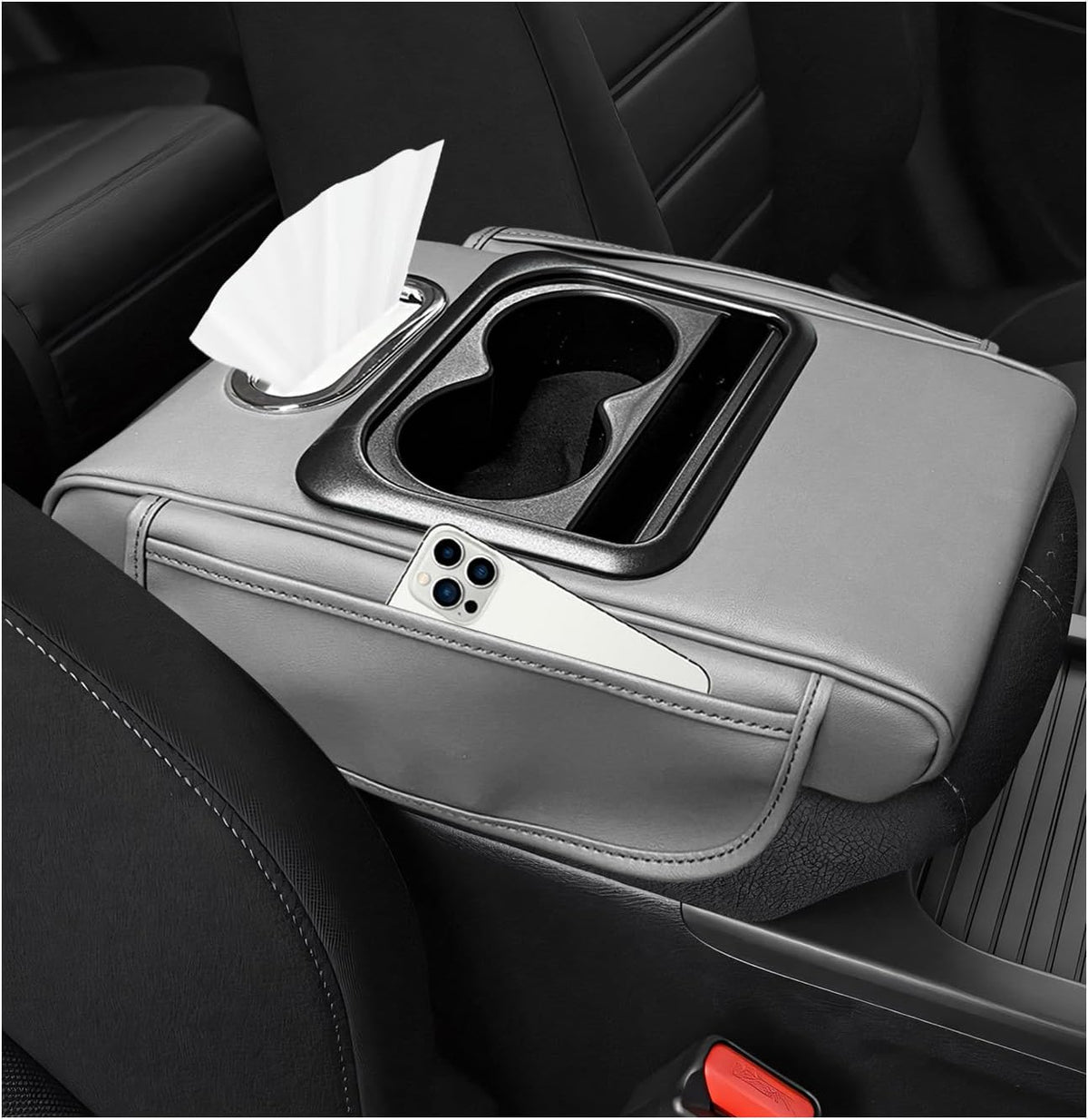 Car Center Console Armrest Pillow, Waterproof Arm Rest Cover with 2 Side Bags, Tissue Box, Phone & Cup Holder, 5-in-1 Leather Armrest Pad Interior Organizer for Most Cars (Embroidered, Black)