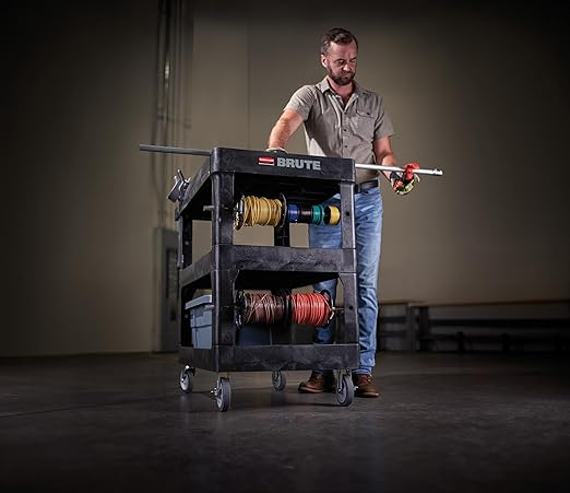 Rubbermaid Commercial Brute 3-Shelf Heavy-Duty Utility/Service Cart, Medium, High Storage, Lipped Shelves, Ergonomic Handle, 600 lb. Capacity, Ideal for Warehouse/Garage/Cleaning/Maintenance/Office