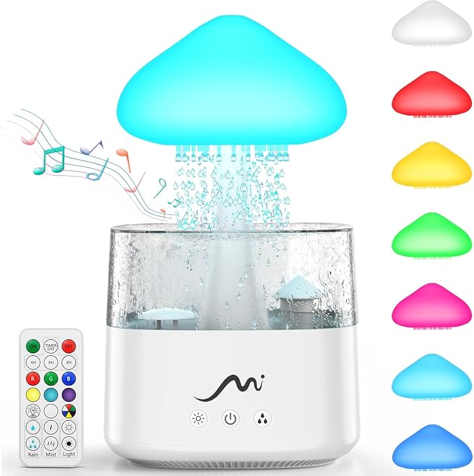 Rain Cloud Humidifier for Bedroom with Remote Control, Built-in Sound Speaker, Aromatherapy Water Drip Diffuser, LED Night Light & Raindrop Sounds for Sleep and Relaxation