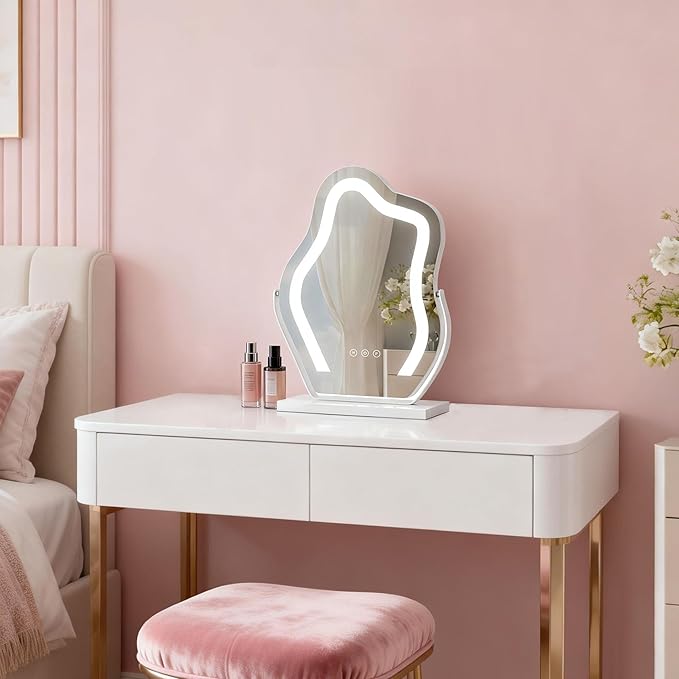 Makeup Mirror with Lights - 17″ Cloud Shaped Smart Touch 3-Color Dimmable 360° Rotation Memory Metal Frame Plug-in AC Power Tabletop Vanity Mirror Gift for Women Teen Girls White