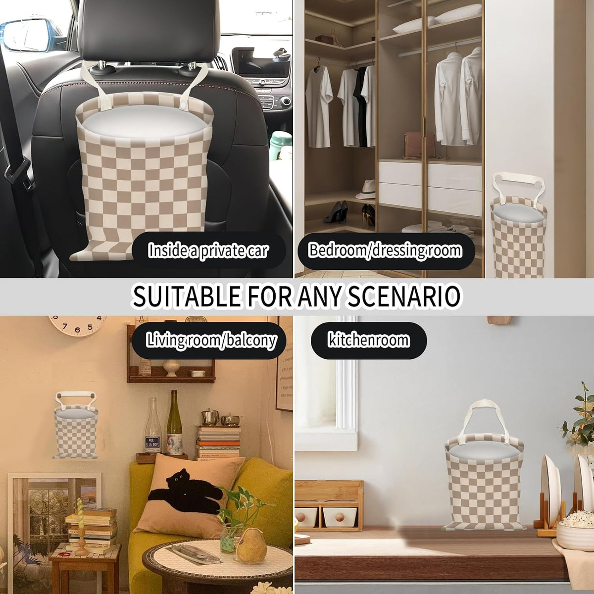 Car Trash Can, Hanging Garbage Bin for Men and Women, Cute Car Organizer and Storage Bag, Canvas Vehicle Trash Can Bag Easy-to-Install Cute Checkboard