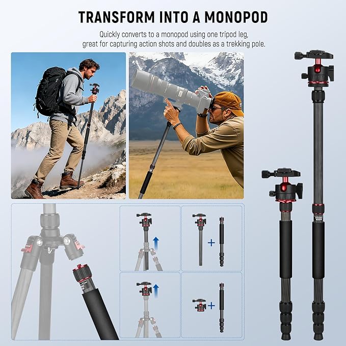 NEEWER Basics Carbon Fiber Travel Tripod Monopod, Arca Type Ball Head, Max Load
