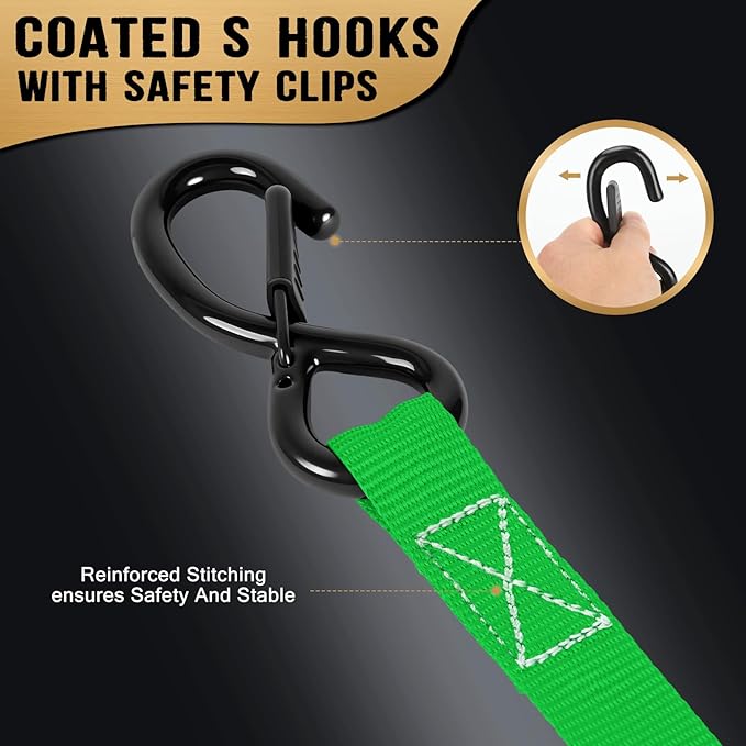 Ratchet Straps - Heavy Duty Tie Downs Straps - 1 Inch x 15 Feet 4 Pack - Safety S Hooks & Soft Loops, 1800LBS Break Strength for Men, Trucks Cargo Moving appliances Motorcycle ATV (Green)