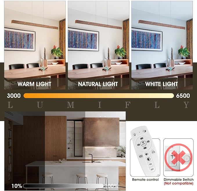Linear Pendant Light 39 Inches Wood Grin Finish Island Light Modern LED Hanging