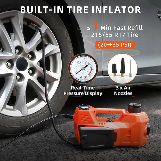Electric Car Jack, 5 Ton Hydraulic Floor Jack with Electric Impact Wrench, Tire Inflator & LED Light, Lift Range 6.1-17.7 Inch, Emergency Roadside Tire Changing Kit for SUV Sedan Truck