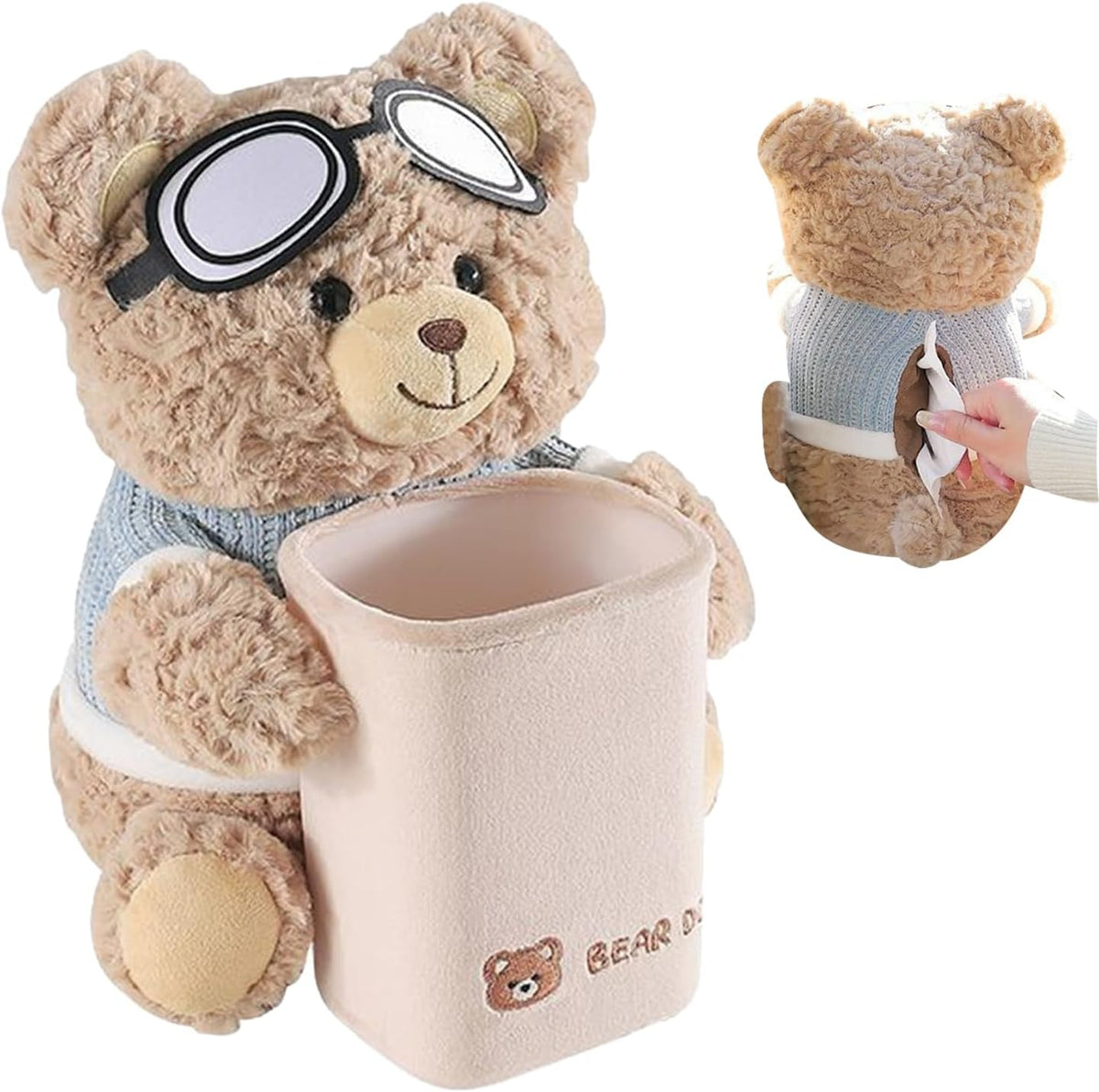 Cute Bear Plush Car Tissue Holder and Trash Can, 2-in-1 Cartoon Bear Car Tissue Box Design with Aviator Goggles, Waterproof, Beige, 25x22x28cm