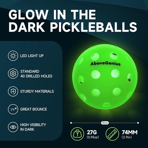 AboveGenius LED Light-Up Pickleball Balls - Glow in The Dark for High Visibility Night Play | Durable 40-Hole Design