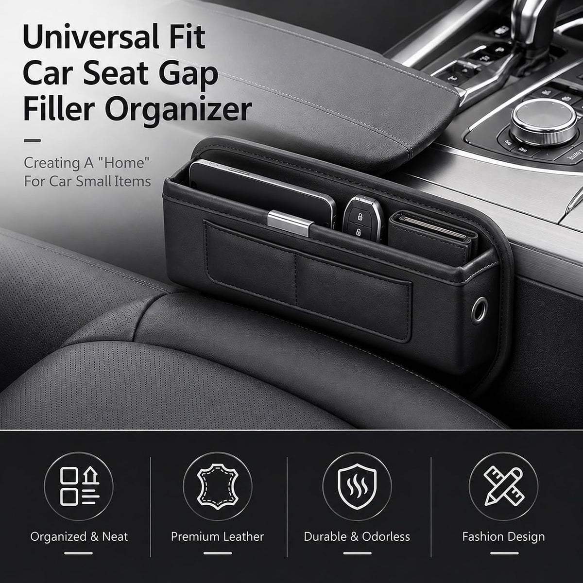 2Pack Universal Fit Premium Leather Car Seat Gap Filler Organizer, Center Console Organizer with Card Slots Front Seat Storage for Phone Cards Keys, Clever Gifts for SUV, Truck & Sedan, Black