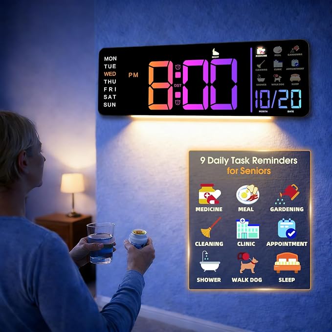 Hoifen Clock with Day and Date for Seniors, Remote Control, Night Light