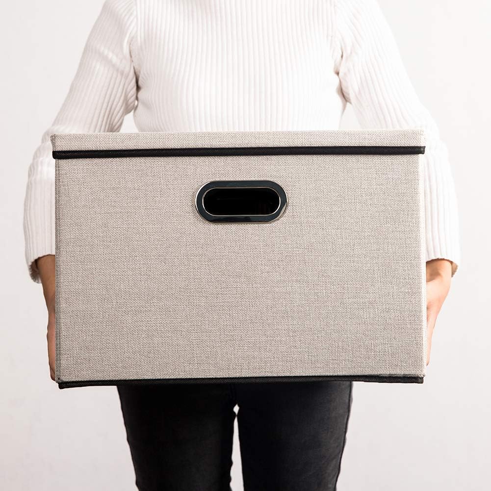 PRANDOM Large Foldable Storage Bin with Lid [1-Pack] Linen Fabric Decorative Storage Box Organizer Container Basket Cube with Handles Divider for Closet Office Living Room Light Grey(17.7x11.8x11.8)