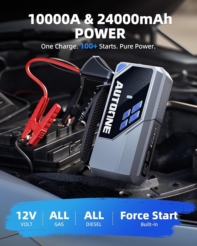 AUTOONE 10000A Jump Starter with Air Compressor, 24000mAh Jump Box with Tire Inflator (All Gas & Diesel) Portable Car Battery Booster Jumper Starter Pack, Jumper Cables, Type C, 60W Charging, Light