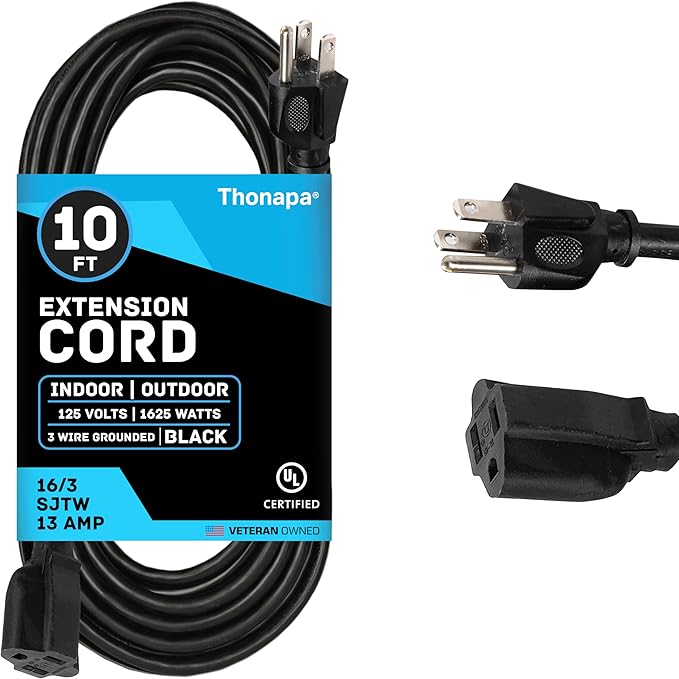Thonapa 13 Amp Outdoor Extension Cord 10 ft, 16/3 SJTW 10 Foot Black Extension Cord 3 Prong, Weatherproof Exterior Power Cable for Outside Lights & Lawn, UL Certified - US Veteran Owned