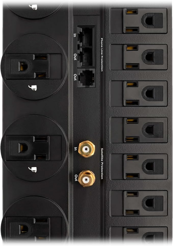 Eaton Tripp Lite TLP1208SAT Home Theater Surge Protector Power Strip, 12 Outlets, Flat Plug 8ft Extension Cord, 2880 Joules Coax, RJ11 and RJ45 Port for Phone, TV, WiFi Router, & Ethernet Protection