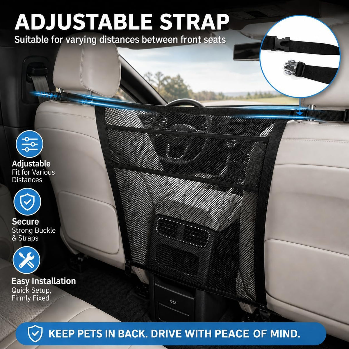Dog Car Barrier for Backseat Safety, Dog Gate for Car with Mesh Storage Pocket, Pet Net Divider for Car SUV Truck, Car Divider for Dogs, Durable Scratch-Resistant Net, Universal Fit Easy Install