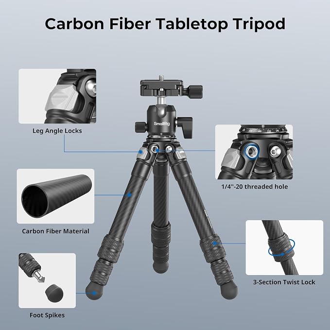 SmallRig Carbon Fiber Mini Desktop Tripod, 15.5'' / 39.5cm Compact Pocket