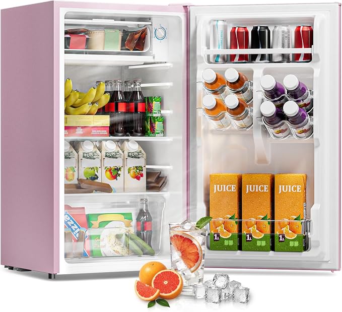 3.2 Cu Ft Mini Fridge with Freezer, Single Door Upright Freezer | Energy Efficient, Large Capacity, Reversible Door, ETL Certified, Small Refrigerator for Bedroom, Office & Dorm, Pink