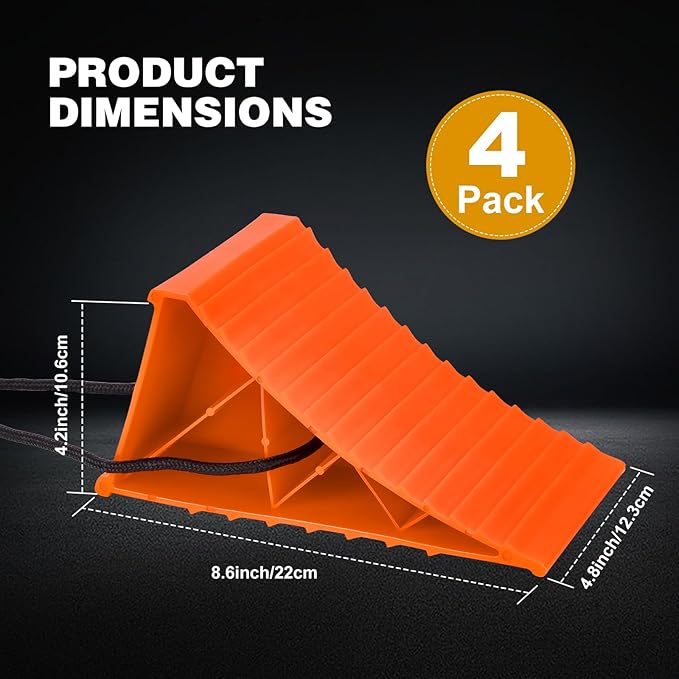 Wheel Chocks, 4 PACK Heavy Duty Wheel Chocks for Car with Rope for Easy Removal, Durable, Non-Slip, Hard Plastic Tire Stopper Blocks for RV, Camper, Trailer, Effective in Keeping Your Vehicle in Place