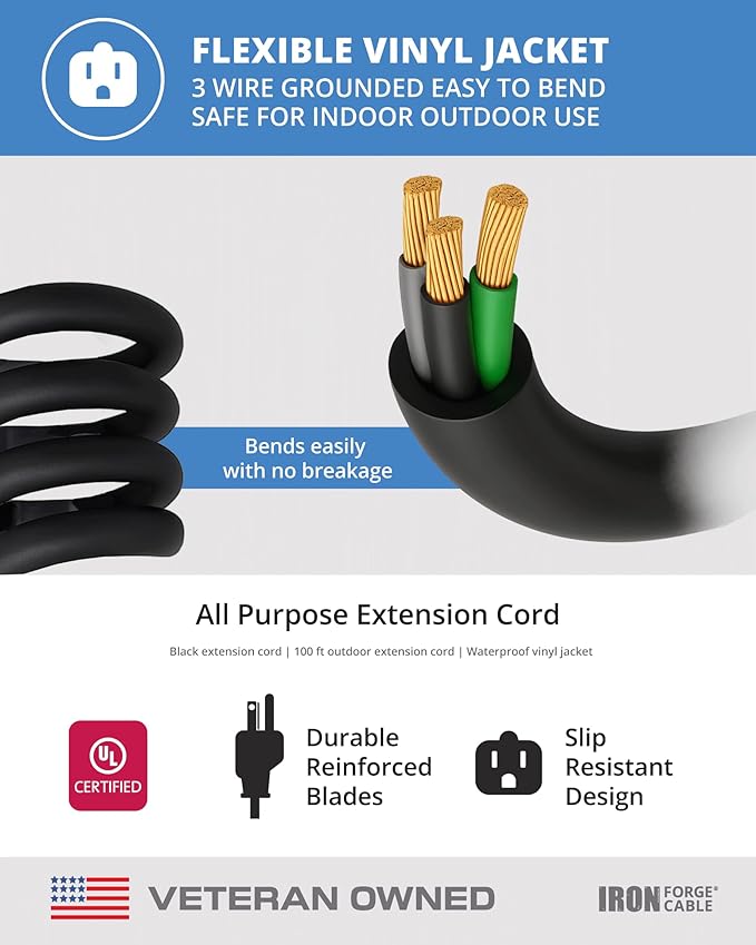 Iron Forge Cable 2 Pack 100 Ft Black Extension Cord, 16/3, 100 Foot Extension Cord, 3 Prong, Weatherproof - Great for Outside Use