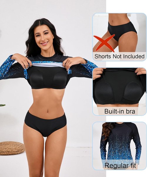 Halcurt Women's Long Sleeve Rash Guard Swim Shirt - UPF 50+ Sun Protection, Built-In Bra, Stylish Design