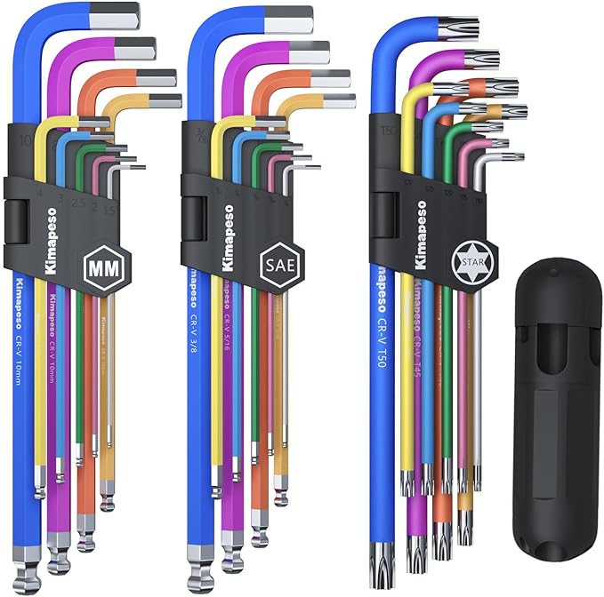 Hex Key Set 27PCS Long Arm Allen Key Set Extra Long Ball End Allen Wrench Set Metric Imperial Torx With T-Handle Metric 1.5mm-10mm, SAE 1/16-3/8, Star Key Set T10-T50