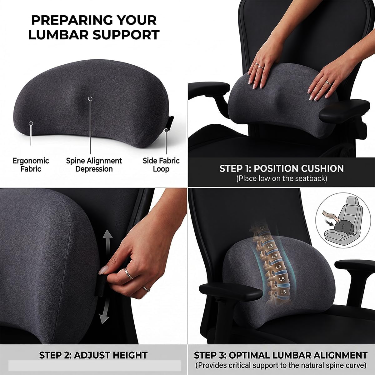 Car Lumbar Support Pillow, Memory Foam Driver Seat Lumbar Pillow for Sciatica, Coccyx, Lower Back Pain Relief, Auto Interior Back Support Cushion for Long Sitting, Universal Fit (Dark Gray)