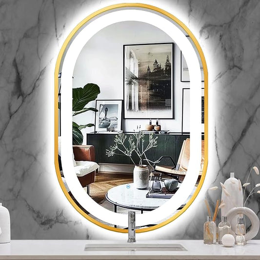 20 x 40 Inch Gold Oval LED Vanity Mirror with Lights Smart Memory 3 Color Dimmable Anti-Fog 40" Gold Framed Oval Lighted Mirror for Bathroom Salon Wall LED Ovals Mirror with Lights Frame