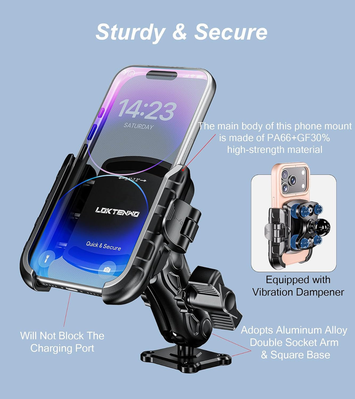 LOKTENWO Phone Mount Holder for Car, Truck, Boat, Quick Lock Shockproof
