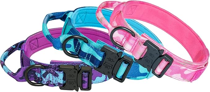 Hotsky Tactical Dog Collar, Adjustable Military Training Nylon Airtag Collar with Handle and Heavy Duty Metal Buckle for Medium Large Dogs, with Airtag Holder and Two Patches （Blue Camo,M）