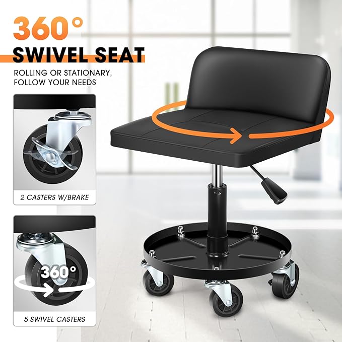 DNA Motoring Rolling Padded Seat Adjustable Height Seat 330lbs Capacity Rolling Mechanic Creeper Stool, W/Tool Storage Drawer & Tray, Black, TOOLS-00601