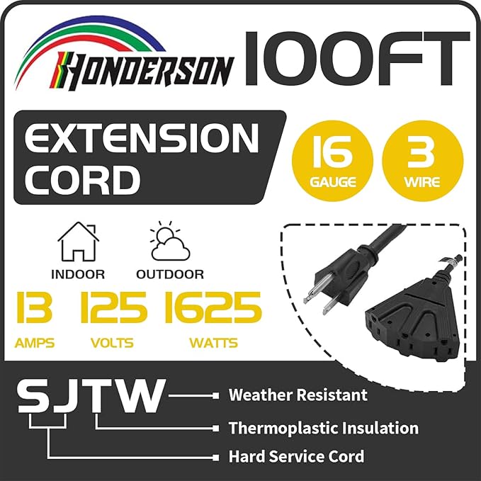 3-Outlets Indoor Outdoor Extension Cord Weatherproof, UL Certified, 16 Gauge 100FT Black 3 Prong Heavy Duty, 16/3 SJTW 10A Power Cord
