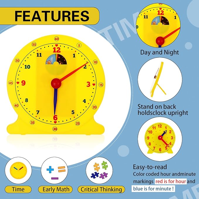 Lenwen 75 Pcs Classroom Clock Kit 24 Hours Learn to Tell Time Teaching Clock Toy