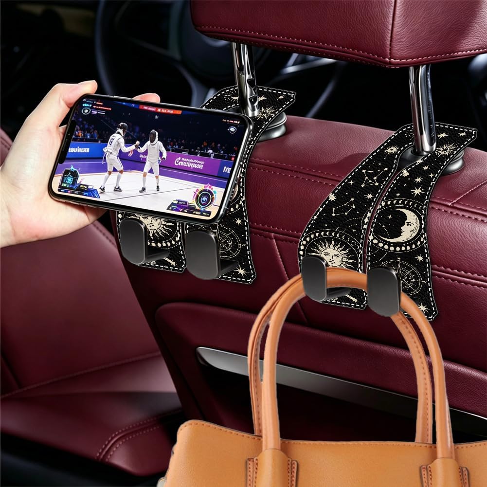 2Pcs Car Purse Hook for Headrest 6.5 x 3.3 Inch Moon Car Hooks Metal Leather Sun Moons Star Pattern Double Hanger Backseat Storage Organizers Accessories for Purse Handbags Bags Umbrellas