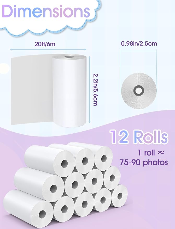 12 Rolls Kids Camera Paper Roll Refill, QIIYNTE Thermal Paper