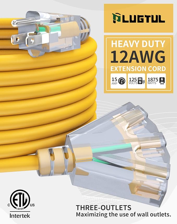 6Ft 12/3 Outdoor Extension Cord with 3-Outlets, Heavy Duty 12 Gauge 3 Prong Extension Cord Waterproof with Lighted end, 15A 12AWG 1875W SJTW, ETL Listed - Great for Garage, Garden and Home, Yellow
