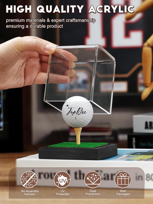 JupDec Golf Ball Display Case - Clear Acrylic Holder with Wood Base & Dust Protection | Black, 1 Pack