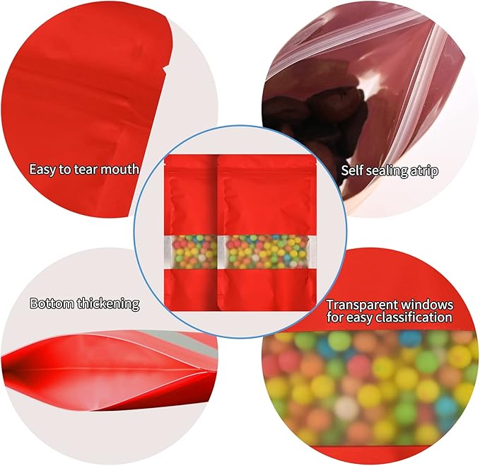 100 Pieces Smell Proof Mylar Bags, Resealable Food Storage Bags with Clear Window, Foil Pouch Stand-up Bags for Food Self Sealing Storage Supplies (Red, 4.7 x 7.8 Inch)