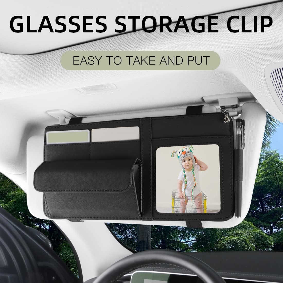 Black Car Sun Visor Organizer, Leather Visor Holder with Photo Frame
