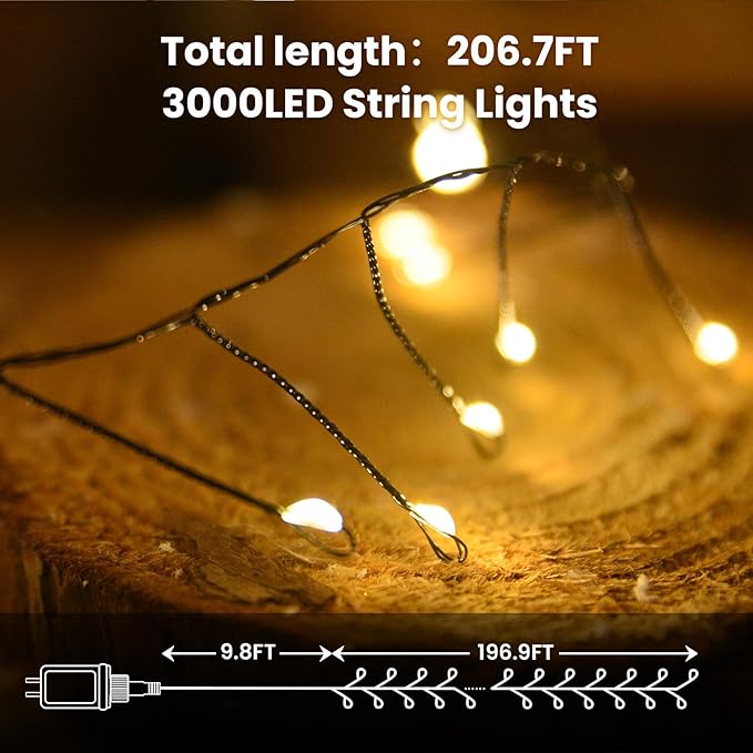 Dailyart Fairy Lights Plug in, 3000 Led Cluster Lights with Timer 195Ft Waterproof Warm Twinkle String Light with Remote for Bedroom Wreath Garland Window Wedding Christmas Tree Decoration,Black Wire