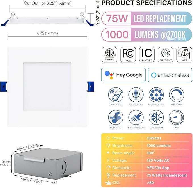 6" LED Smart Slim Recessed Pot Light, Square, WiFi APP & Voice Control, 120V, 13W, 1000LM, RGB + 2700K-6000K, ETL & FCC & IC Rated, Wet Location, Works With Alexa/Google Home, White - 4 Packs