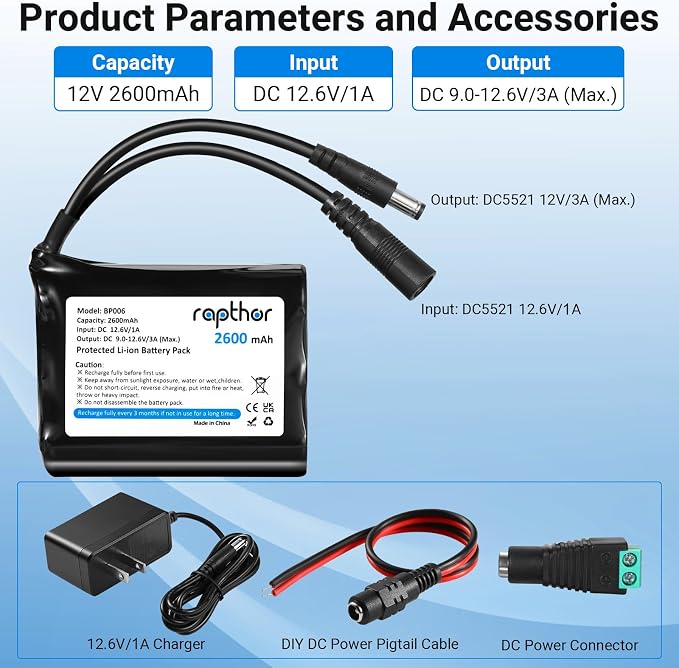 rapthor Rechargeable 12V 2600mAh Lithium ion Battery Pack with Charger Compatible with 12V Devices, Bike Light, DIY Project, Radio, Fishing Light,LED Light Strip, CCTV Camera