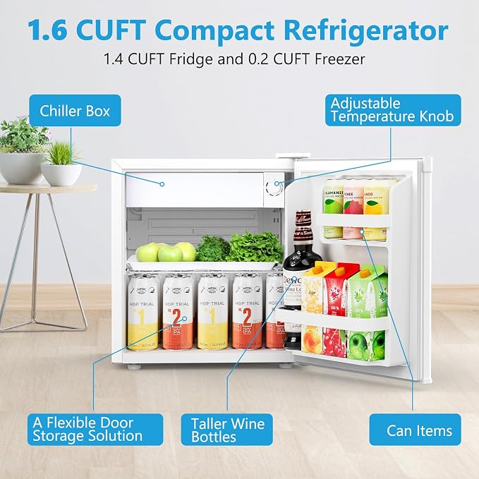 Electactic 1.7 Cu.ft Mini Fridge, Compact Refrigerator, Single Reversible Door, Ultra Quiet, Energy Efficient for Office, Dorm, Bedroom, Apartment, White