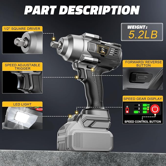 Cordless Impact Wrench 1/2 inch Compatible with Dewalt Battery, 750FT-LBS (1000N.m) Brushless Electric Impact Gun Includes LED Work Light, High Torque Impact Driver, Bare Tool Only