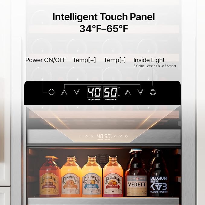 Ca'Lefort 24 Inch Dual Zone Wine & Beverage Center, 112 Can & 40 Bottle | 55-Inch Tall Wine Cellar, Quiet Inverter Compressor, Precise 40-65°F Temperature Control, Glide-Out Shelves & Storage Drawer