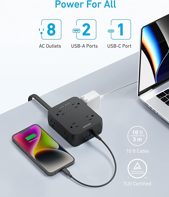Anker Power Strip with 2000J Surge Protector, Flat Plug Extension Cord with Multiple Outlets, 8 AC, 2 USB A & 1 USB C Port for 20W, 10ft Outlet Extender, Dorm Room Essentials, Home Office, TUV Listed