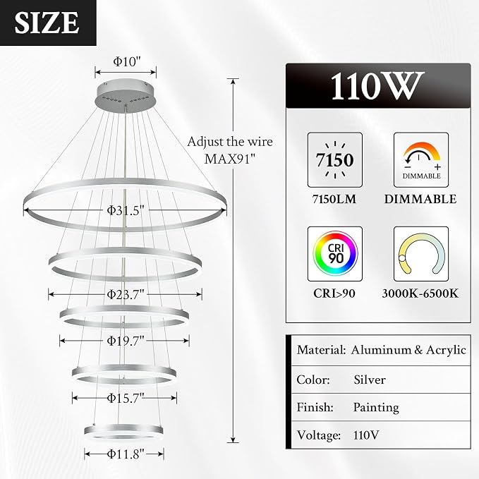 5-Rings D31.5in Modern LED Chandelier Silver Dimmable High Ceiling Chandeliers