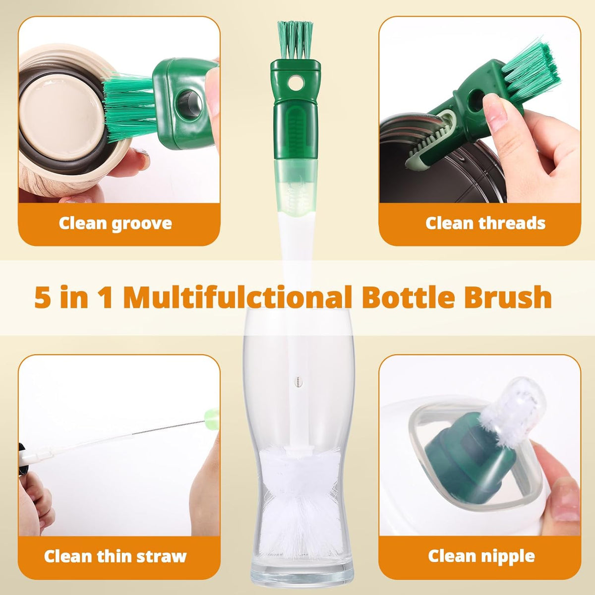 OUTXE 5-Pack Bottle Brush Set - 5-in-1 Water Bottle Cleaner with Long Handle & Straw Brushes