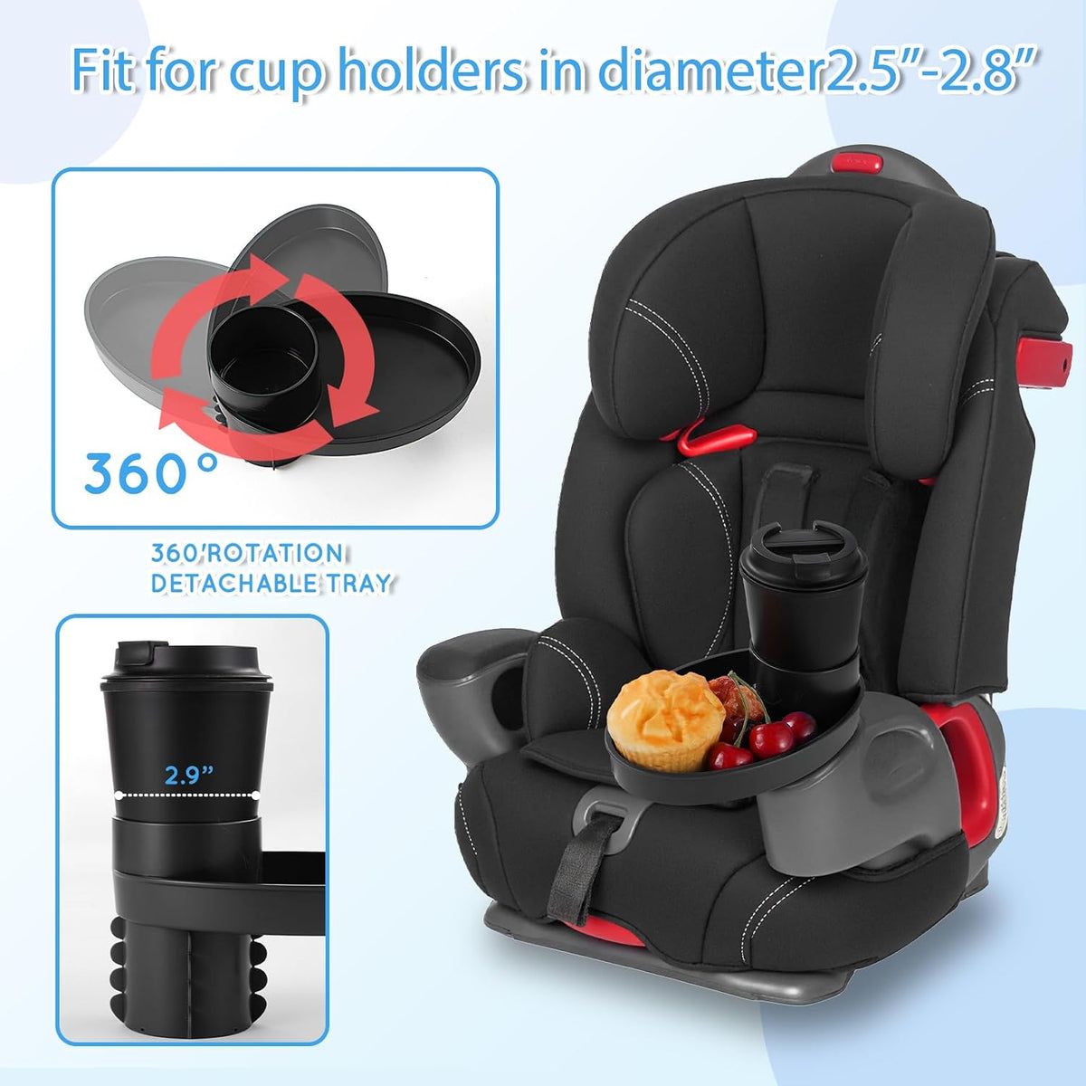 Car Seat Snack Tray Cup Holder 2.5-2.8in Travel Table Road Trip